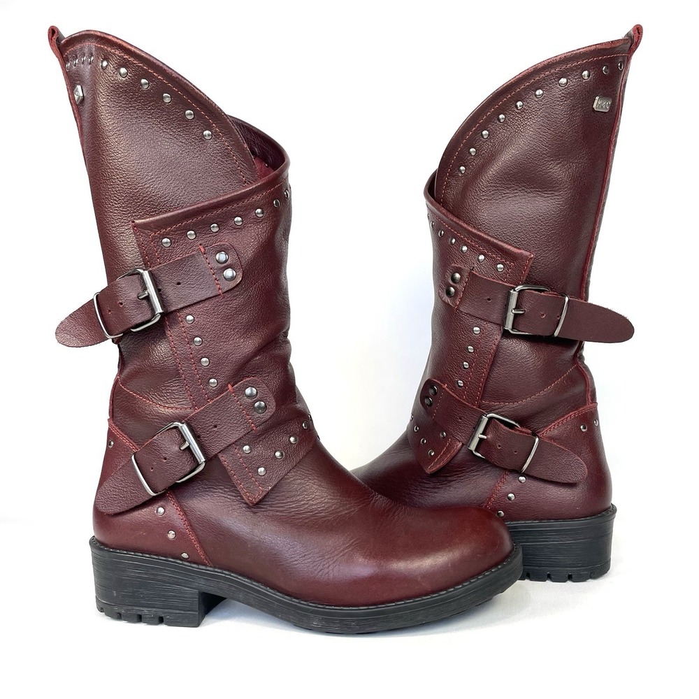 Musse & Cloud Falida Moto Biker Boots Studded Buckle Bordeaux Womens 8